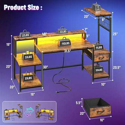 DurayLoly 55" Computer Desk with LED Lights & Outlets,Office Desk with Drawers & Monitor Stand,Gaming Desk with 3 Storage Shelves, Hooks& Printer Space for Game&Study Room,Home Office,Bedroom,Brown