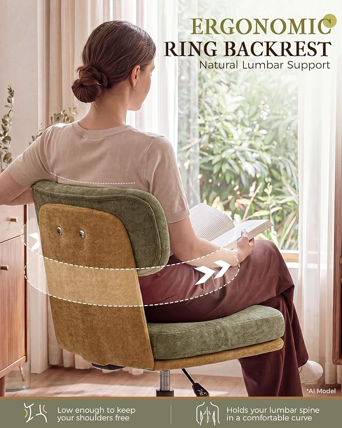 COMHOMA Home Office Desk Chairs with Ergonomic Curved Backrest, Mid Century Modern Vanity Chair with Wheel for Bedroom, Chenille Upholstered, Green