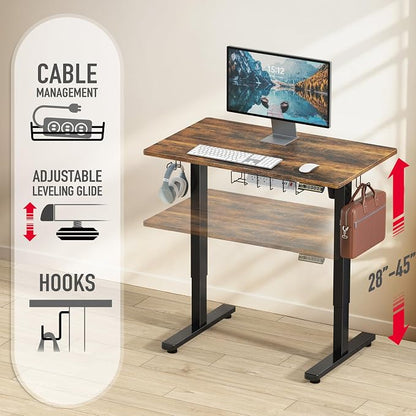 SHW 40 x 22 Inches Electric Height Adjustable Sit to Stand Desk with Hanging Hooks and Cable Management, Black Frame and Rustic Brown Top