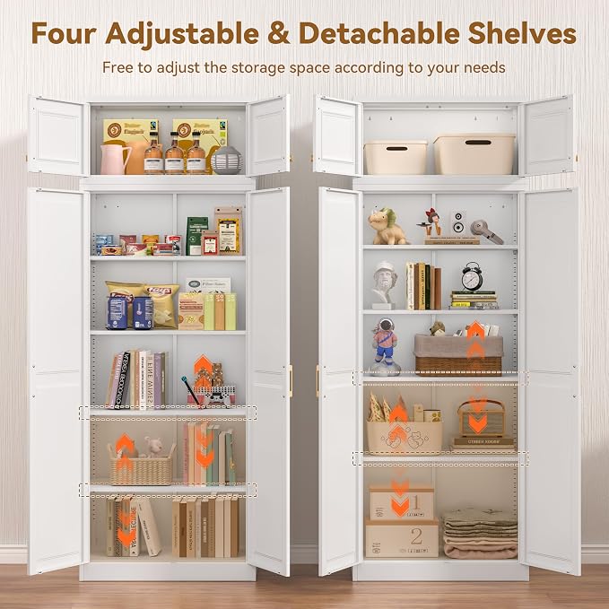 Polup Kitchen Pantry Cabinet, 86 Inch Tall Metal Storage Cabinet, Food Pantry cabinets with Doors and Shelves, White Storage Cabinets for Living Room, Dining, Office, Bathroom, Assembly Required