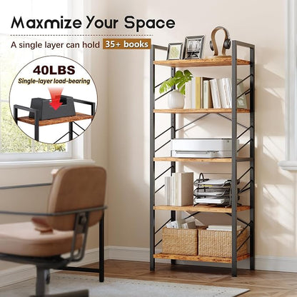 DurayLoly 5 Tier Bookshelf for Narrow Space, Rustic Brown | Small Storage Shelves, Sidebars and Metal Frame
