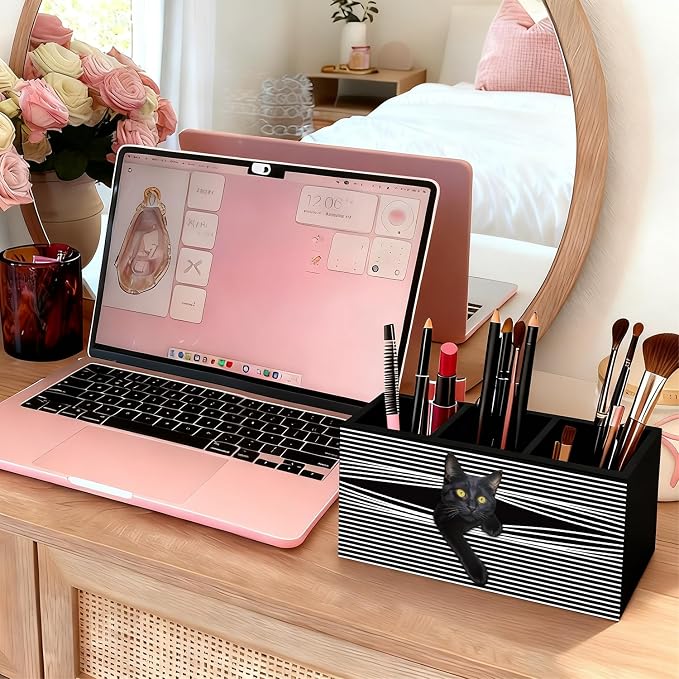 Funny Black Cat Pen Pencil Holder for Desk, Black Cat Mom Lady Lovers Gifts for Women, Pet Lover Gifts Wooden Box Sign Decorations for Home Office Desk Tabletop