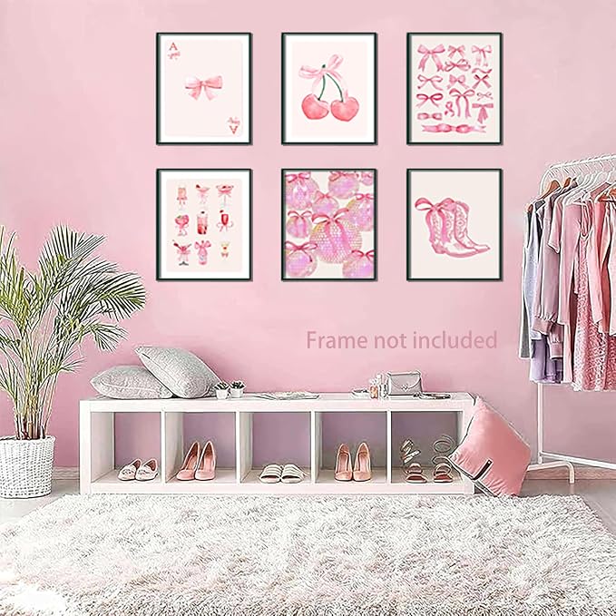 Ucninvd Pink Bow Wall Art Posters Set of 9 Trendy Coquette Preppy Wall Decor Paintings Disco Ball Girly Room Decor Aesthetic Canvas Pictures Prints for Bathroom Living Room Dorm 8x10Inch Unframed