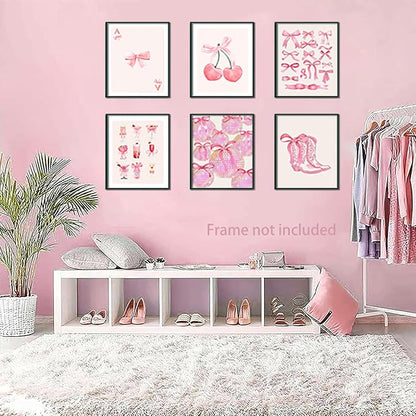 Ucninvd Pink Bow Wall Art Posters Set of 9 Trendy Coquette Preppy Wall Decor Paintings Disco Ball Girly Room Decor Aesthetic Canvas Pictures Prints for Bathroom Living Room Dorm 8x10Inch Unframed