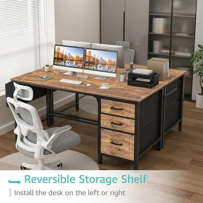 Lufeiya Computer Desk with Fabric File Drawers Cabinet, 55 Inch Reversible Home Office Desks with Filing Cabinet for Small Space, Study Writing Table PC Desks with Storage for Bedroom, Rustic Brown