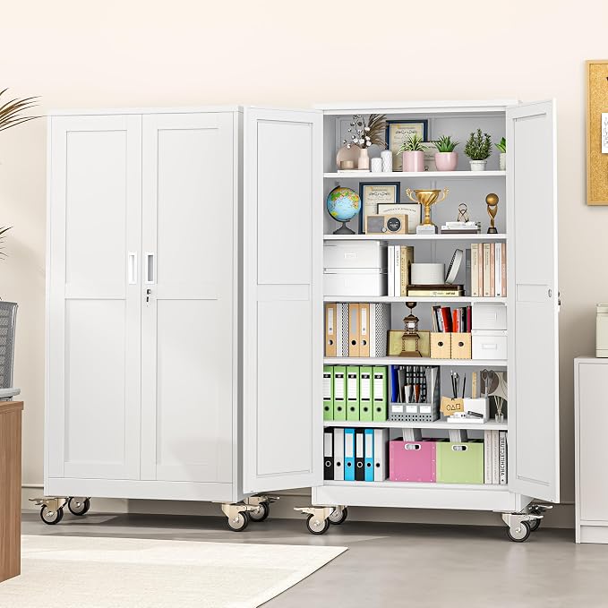pozdeg 73.6" Metal Garage Storage Cabinets with Wheels, Lockable Rolling File Cabinets with 2 Doors and 5 Adjustable Shelves, Steel Tool Organizer Locker for Office Home Garage Gym School, White