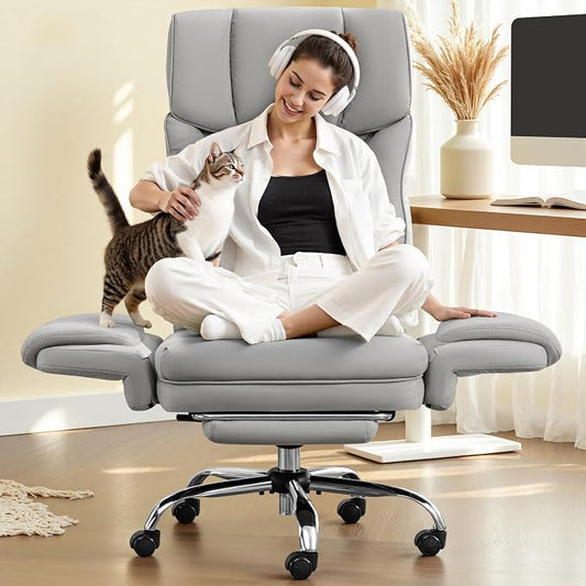 FelixKing Big and Tall Office Chair, 400LBS Wide Leather Executive Chair, Reversible Armrest for Pets Criss Cross Legged, 135° Reclining High Back Gaming Desk Chair with Lumbar Support Footrest, Gray