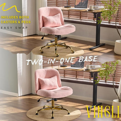 VINGLI Wide Criss Cross Legged Office Chair,Buttprint Ergonomic Desk Chair Comfy with Pillow&Gold Base,Dual-Use with/no Wheels,Adjustable Vanity Swivel Chair for Bedroom,Home Office,Teddy Fleece,Pink