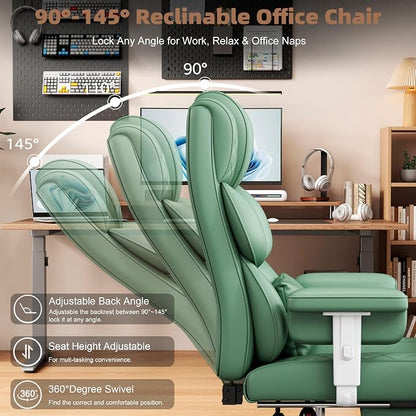 Vonesse Big and Tall Office Chair, Desk Chair with Soft Adjustable Armrests, Ergonomic High Back Gaming Chair with Lumbar Support, Executive Computer Chairs with Footrest (PU Leather, Green)