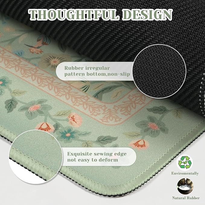 iCasso Aesthetic Flower Mouse pad for Laptop, Desk Pad Mat, Desk Matt for Desktop 13.7"x23.6", Anti-Slip Mousepad with Stitched Edges for Laptop Computer Keyboard(Light Green)