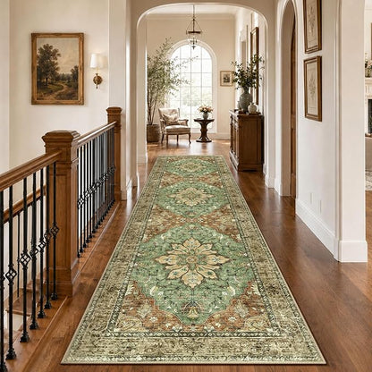 RELEANY Area Rugs Runner 3'x10' Washable Non-Slip, Floral Vintage Distress Medallion Carpet for Kitchen Hallway Bedroom Beside Laundry Room Bathroom, Terracotta Burnt Orange Green