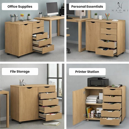 Naomi Home Under Desk Rolling Office File Cabinet with 5 Drawers & Side Storage Cabinet, Mobile Organizer with Shelves & Swivel Casters for Home Office - Natural