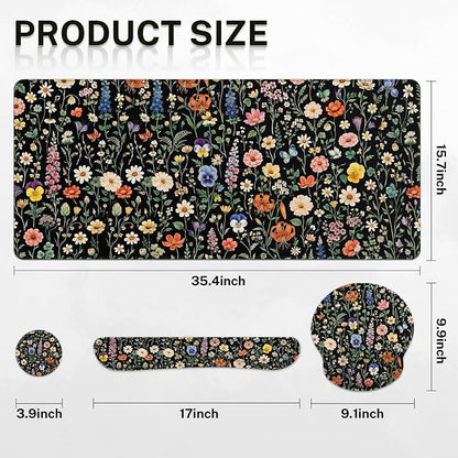 Britimes Black Florals Keyboard Mouse Pad Set Colorful Wildflowers 4in1 Large Mousepad+Keyboard Wrist Rest+Mouse Wrist Rest+Coaster Ergonomic Design for Home Office Computer 35.4x15.7 inches