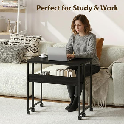 Garvee Folding Desk Small Rolling Desk with Storage Shelf,24.8 Inch Foldable Computer Table for Small Spaces, Space Saving Sofa Table with Wheels for Home Office, Study, Easy Assembly, Black