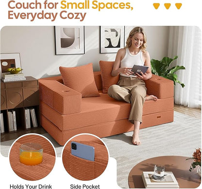 COMAX Futon Sofa Bed, 4‑in‑1 Convertible Sofa Bed, Folding Boneless Couches | Boneless Couch for living room, Fold Out Small Foldable Loveseat Floor Sleeper Mattress Lounge Space‑Saving, Light Orange