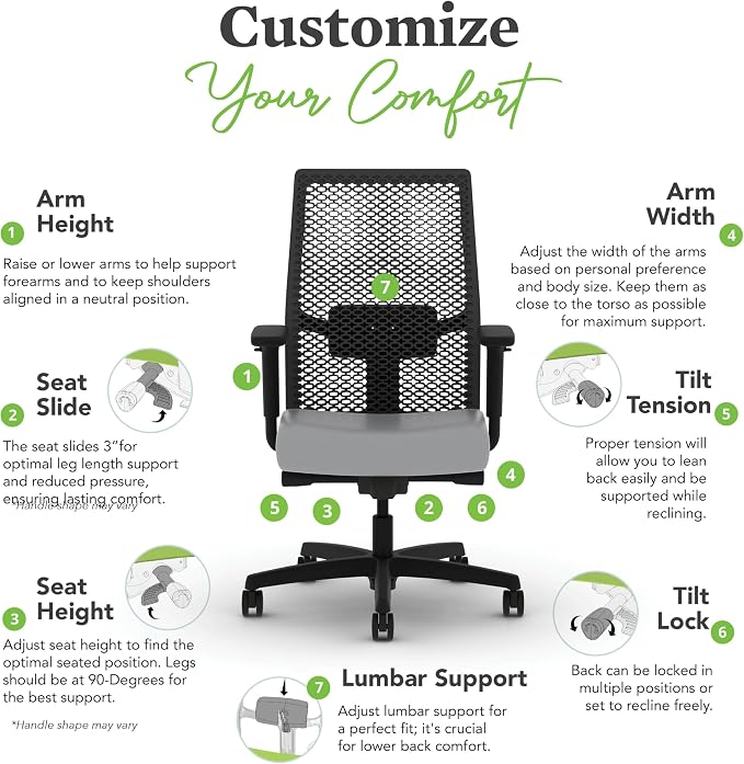 HON Ignition 2.0 ReActiv Ergonomic Office Chair, Mesh Desk Chair with Lumbar Support, Advanced Synchro‑Tilt, Height and Width Adjustable Arms, Swivel Wheels, Black Frame, Steel