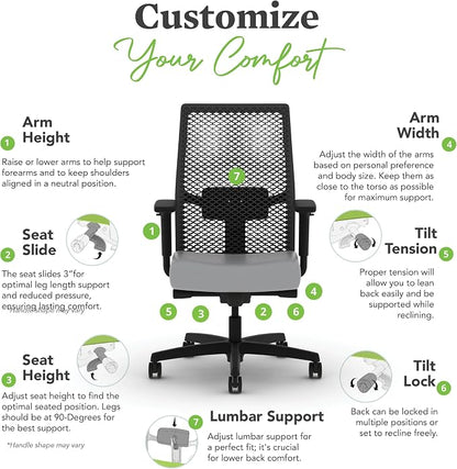 HON Ignition 2.0 ReActiv Ergonomic Office Chair, Mesh Desk Chair with Lumbar Support, Advanced Synchro‑Tilt, Height and Width Adjustable Arms, Swivel Wheels, Black Frame, Steel