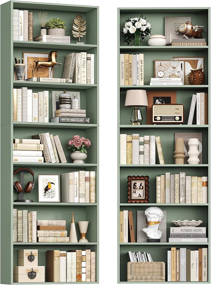 FACBOTALL 82" Tall Bookshelf Set of 2, 7-Tier Double Open Shelves Bookcase,Freestanding Display Storage Shelves, Tall Bookcase Home Decor Furniture for Home Office,Living Room,Bedroom, Green