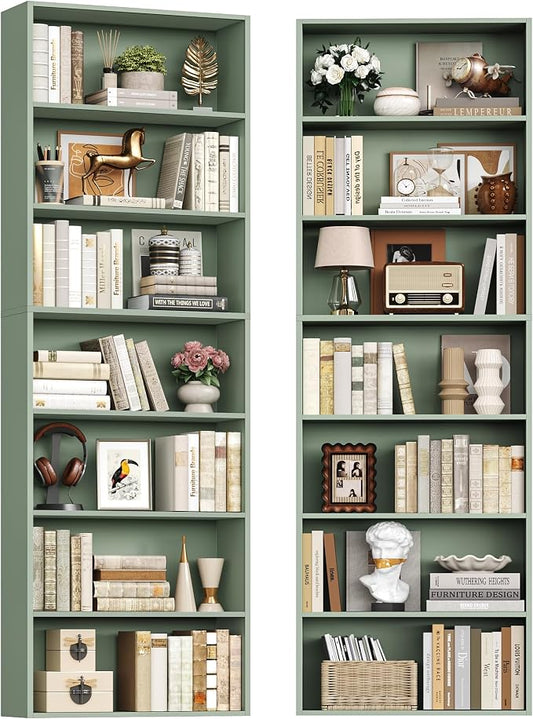 FACBOTALL 82" Tall Bookshelf Set of 2, 7-Tier Double Open Shelves Bookcase,Freestanding Display Storage Shelves, Tall Bookcase Home Decor Furniture for Home Office,Living Room,Bedroom, Green