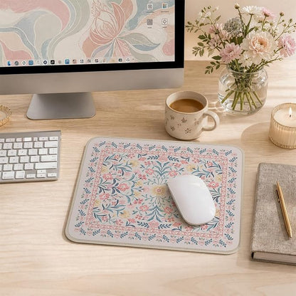 iCasso Aesthetic Small Floral Mouse Pad, Pink Mini Portable Travel Mousepad, Anti-Slip and Comfortable Cloth Mouse Mat 7.9"x9.5" with Stitched Edges for Computer, Laptop, Office, Home(Pink Floral)