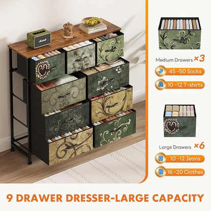 DUMOS Dresser for Bedroom, Storage Organizer with 9 Drawers, Chest of Drawers with Fabric Bins, Sturdy Metal Frame, Wood Tabletop for Guest Room, Closet, Entryway,Vintage