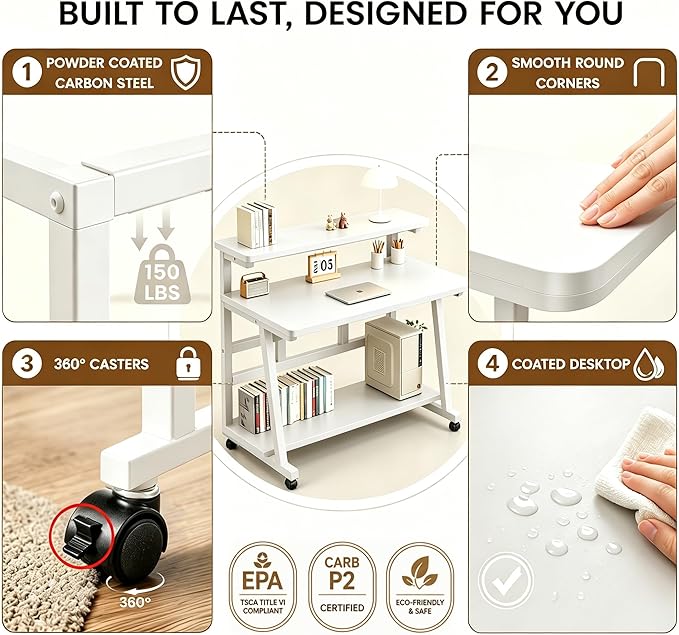 47.2 Inch Compact Rolling Computer Desk with Tier Worktable & Lockable Wheels, Small Computer Desk, Small Desk for Bedroom, Mobile Writing Workstation Easy Assembly for Home Office Small Spaces