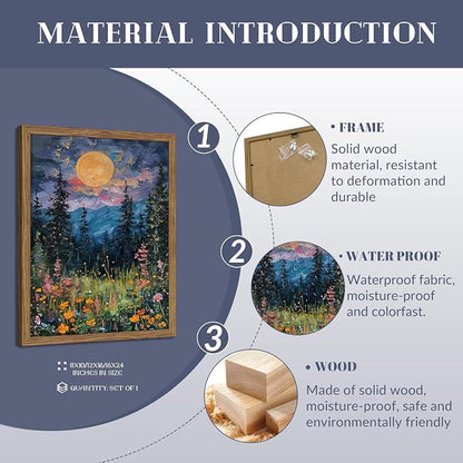Framed Nature Forest Canvas Wall Art, Full Moon above Wildflowers and Woodland Painting, Midnight Floral Trees Art Print, Farmhouse Nature Wall Decor for Bedroom Living Room 12x16 inch