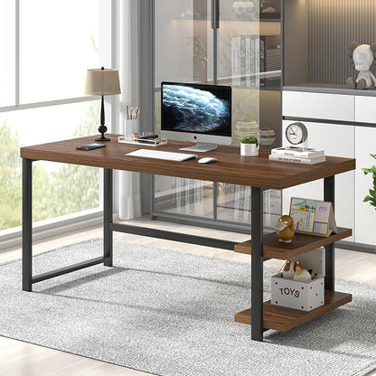 FOLUBAN Modern Computer Desk for Home Office, Large Writing Table with Storage Shelves, Wood and Metal Study Gaming Desk Workstation for Living Room, Rustic Walnut, 60 Inch