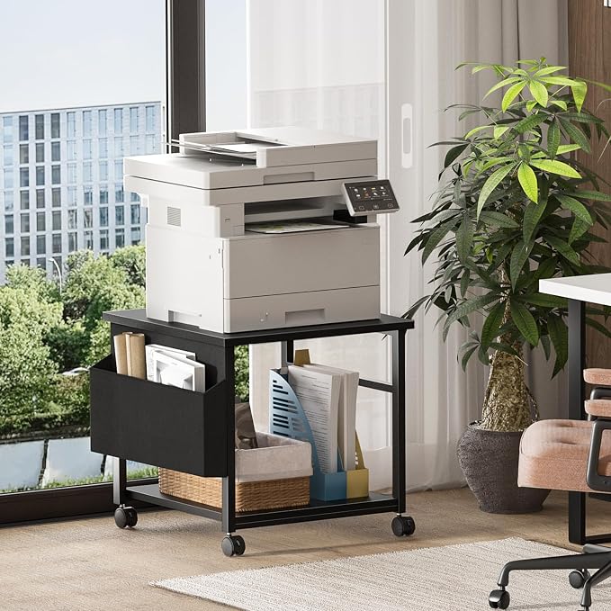 Lerliuo Black Large Printer Stand with Storage, 23.6" W x 23.6" D x 22.8" H Printer Table for Home Office, Rolling Printer Cart Holder with Lockable Wheels, Mobile Mini Fridge Stand Table
