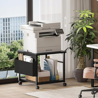 Lerliuo Black Large Printer Stand with Storage, 23.6" W x 23.6" D x 22.8" H Printer Table for Home Office, Rolling Printer Cart Holder with Lockable Wheels, Mobile Mini Fridge Stand Table