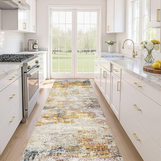 Runner Rug Kitchen Washable Rugs: 3x8 Non-Slip Abstract Soft Modern Stain Resistant Indoor Floor Neutral Accent Throw Carpet for Hallway Bathroom Laundry Room Entryway Bedroom- Gold Colorful