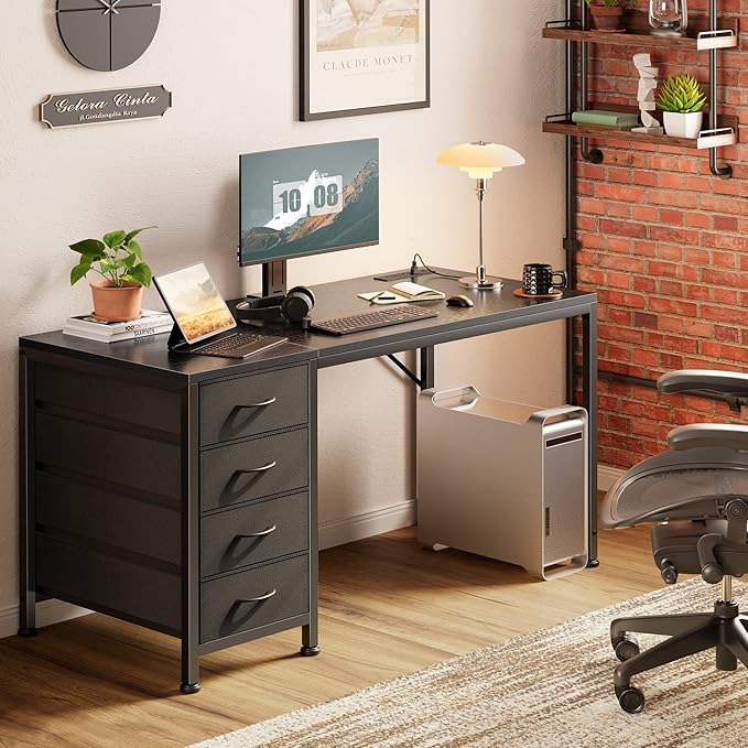 PRAISUN 47.2Inch Computer Office Desk with Power Outelts and USB-C Port, Reversible Gaming Desk with 4 Fabric Drawers, Work Study Desk Work from Home, Black
