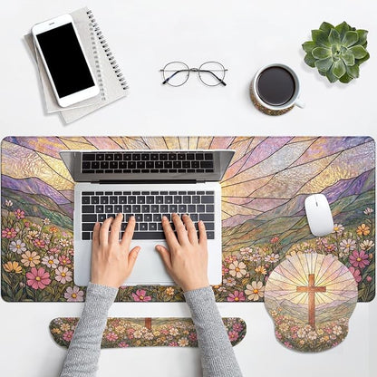 Britimes Cross Religious Wildflower Keyboard Mouse Pad Set Colorful Floral 4in1 Large Mousepad+Keyboard Wrist Rest+Mouse Wrist Rest+Coaster Ergonomic Design for Home Office Computer 35.4x15.7 inches