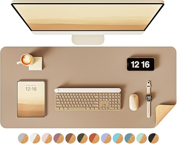 YSAGi Double-Sided Desk Pad, 35.4"x17"Leather Desk Mat, Eco Cork Desk Pad Protector,Large Mouse Pad,Waterproof Desk Blotter for Office/Home(Apricot)