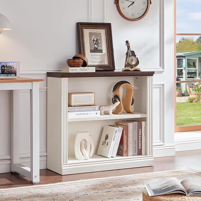 RWYHG 30" White Bookshelf,2-Tier Thick Wooden Book Shelf with Adjustable Shelves,Free Standing Farmhouse Bookcase with Open Display Storage,Floor Vintage Bookshelves for Living Room,Office