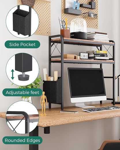 Desktop Shelves, Monitor Stand with Adjustable Shelves and Side Pockets, 2-Tier Desktop Bookshelf Organizer, Large Capacity Display Shelf Rack, Desk Hutch for Home Office, Rustic Brown