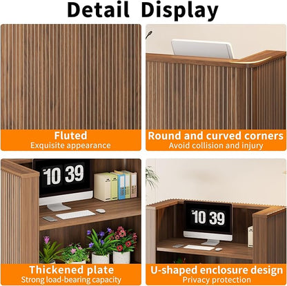 42.1 Inches Reception Desk,Fluted Round Corner Modern Reception Table,Front Counter Table,for Salons, Offices Lobbies Retail Stores and Home Offices (Walnut)