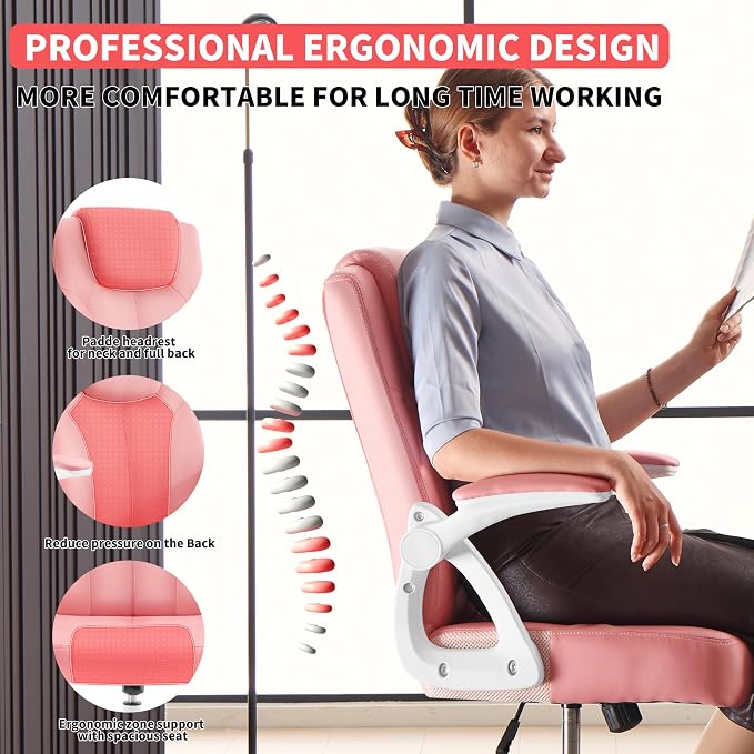 Executive Office Chair, Ergonomic PU Leather Computer Chairs, Executive Breathable Desk Chair with Padded Flip-Up Arms, 360° Swivel Rolling Chair Comfy Padded for Working Studying Gaming (Pink)