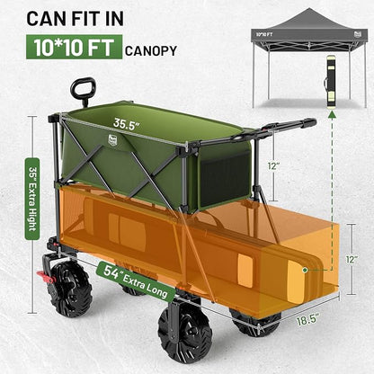 TIMBER RIDGE Push & Pull Double Decker Wagon, 400L Large Capacity Heavy Duty & 450lb Load, Collapsible Cart with All-Terrain Wheels & Brakes, 54” Extended Foldable for Sports, Beach, Camping, Green
