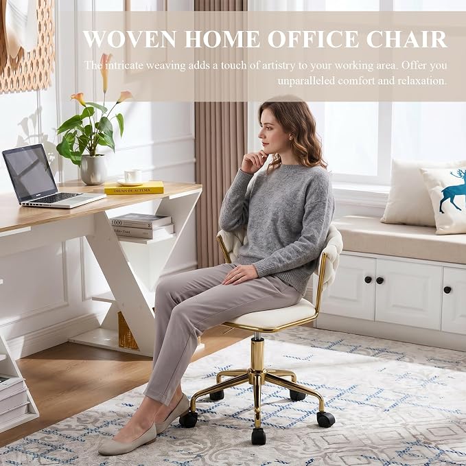 NIOIIKIT Home Office Chair, Velvet Upholstered Task Chair with Woven Open Back, 360° Swivel Desk Chair with Wheels, Adjustable Vanity Chair, Computer Chair for Office, Studio (Beige)