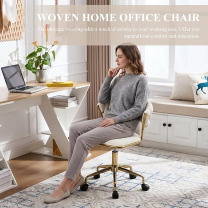 NIOIIKIT Home Office Chair, Velvet Upholstered Task Chair with Woven Open Back, 360° Swivel Desk Chair with Wheels, Adjustable Vanity Chair, Computer Chair for Office, Studio (Beige)