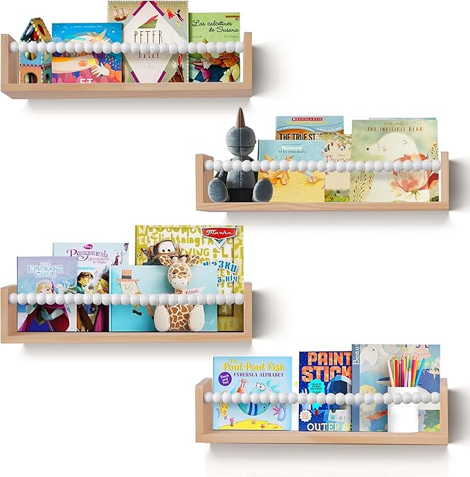 Nursery Shelves Set of 4,White Floating Book Shelves for Wall,Nursery Book Shelves for Kids Room,Kids Bookshelf (Set of 4 White)
