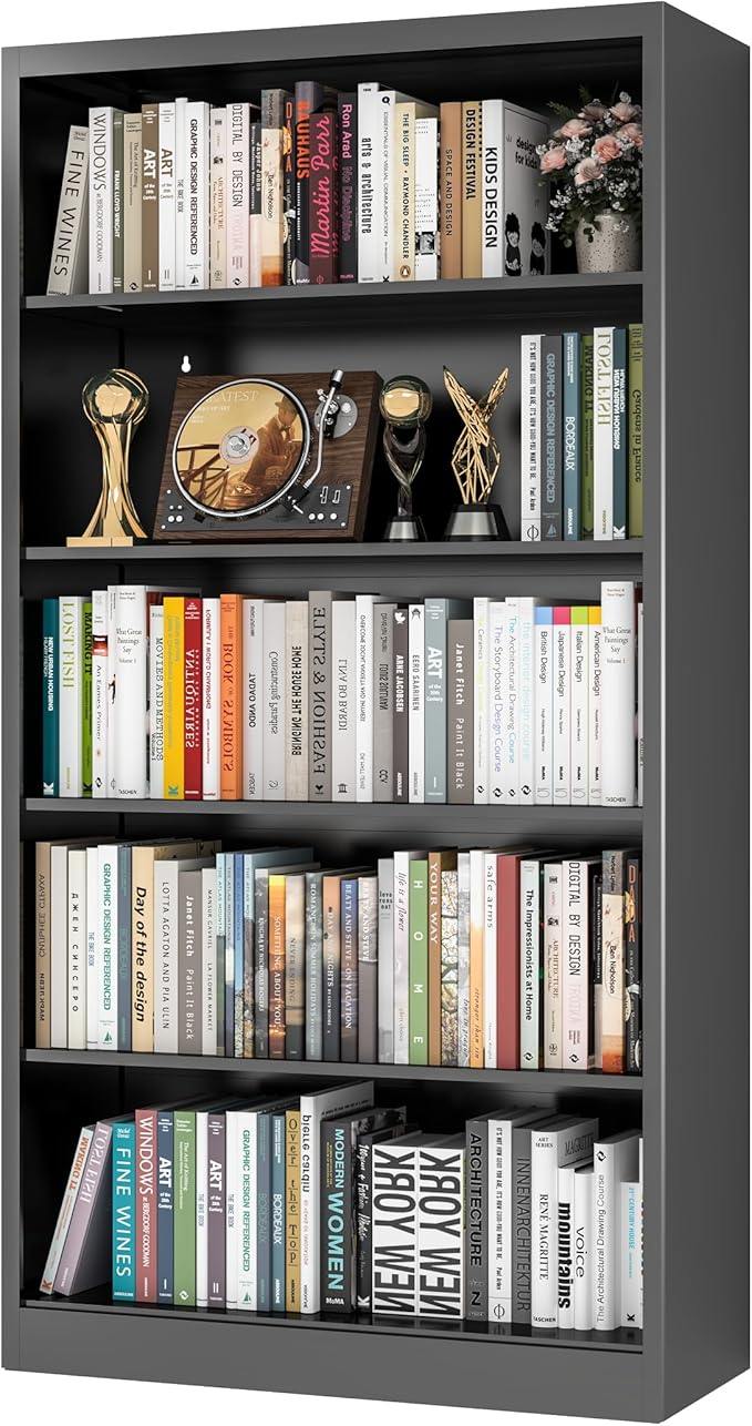 VASAAOSD 66" Tall Metal Bookcase, 5 Shelf Black Bookcase with Adjustable Shelves, Large Bookshelves and Bookcases, Modern Book Shelf Storage Organizer for Living Room, Home Office, Library (Black)