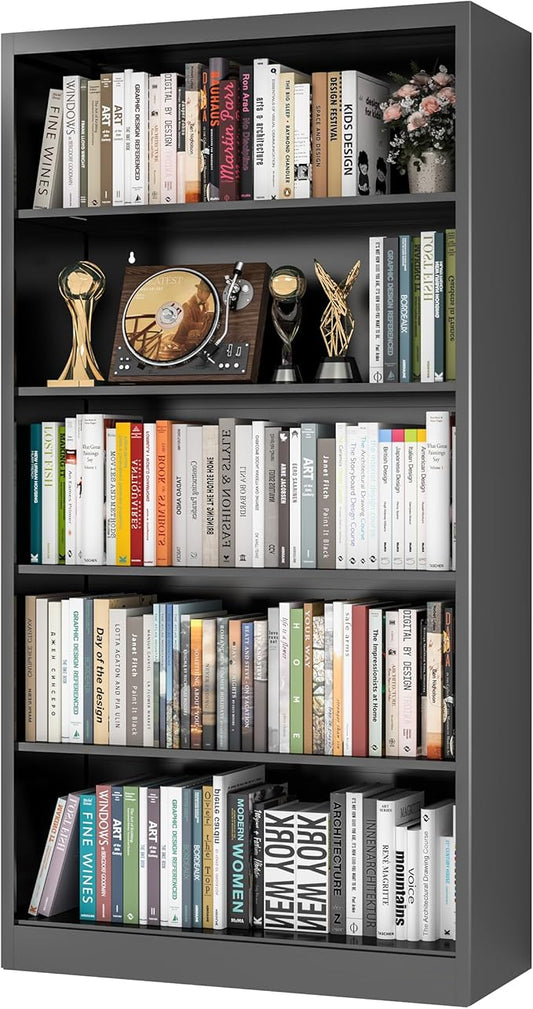 VASAAOSD 66" Tall Metal Bookcase, 5 Shelf Black Bookcase with Adjustable Shelves, Large Bookshelves and Bookcases, Modern Book Shelf Storage Organizer for Living Room, Home Office, Library (Black)