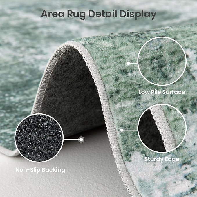 Valenrug Washable Rugs 5x8 - Stain Resistant 5x8 Area Rugs for Living Room, Non Slip Backing Abstract Rugs for Bedroom, Folable Machine Washable Area Rug(5'x8', Sage Green)