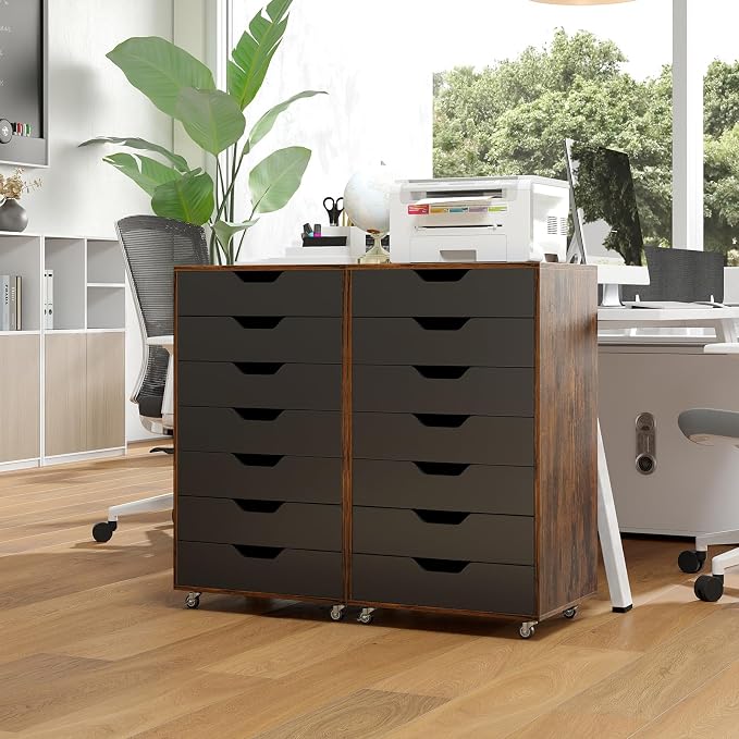 7 Drawer File Cabinet, 34.5" Vertical Storage Drawer Cart, Under Desk Office Organizer, Wooden Printer Stand, Rolling Filing Cabinet for Home Office (Rustic Brown)