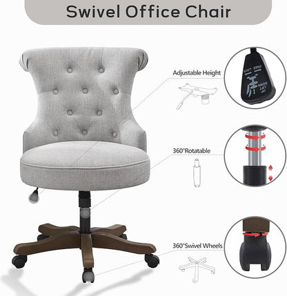 HUIMO Home Office Chair Upholstered Armless Desk Chair with Wheels Adjustable Height Computer Desk Chair with Wooden Legs Linen Comfortable Swivel Chairs for Home Office Study Studio (Light Grey)