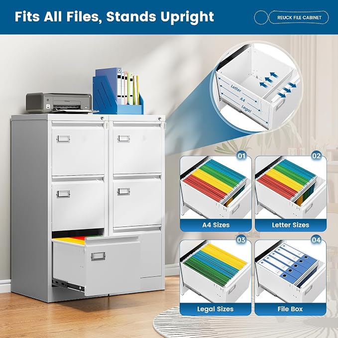 PEUKC 3-Drawer File Cabinet with Lock, 16.3" Deep Vertical Filing Cabinets, Metal File Cabinets for Home Office, Anti-Tip 3 Storage Drawers for Letter/Legal/A4/F4 Size (Assemble Required, White)