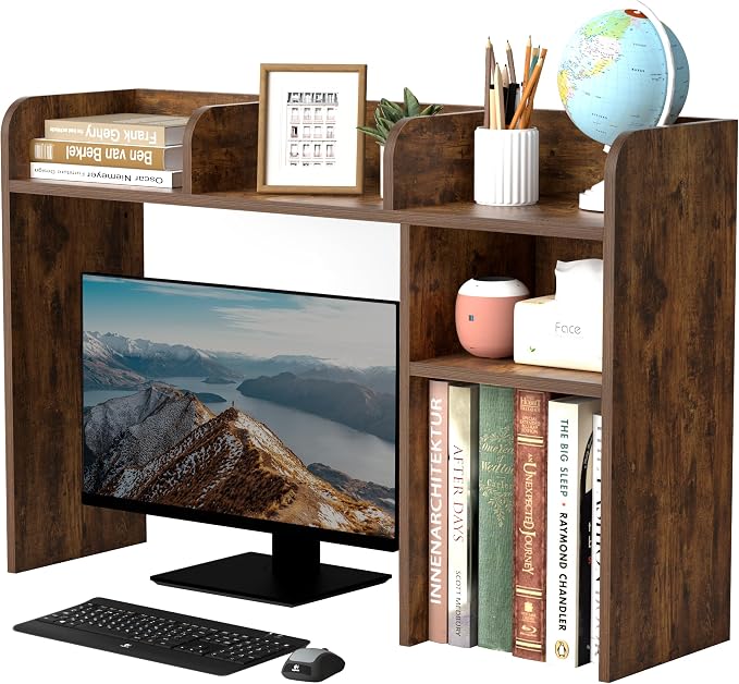 LAND·VOI Desktop Bookshelf, Countertop Storage Hutch with 5 Shelves for Computer Desk, Desk Organizer for Home Office Dorm, Dressing Tabletop, Bar Countertop, Rustic Brown EDS01R