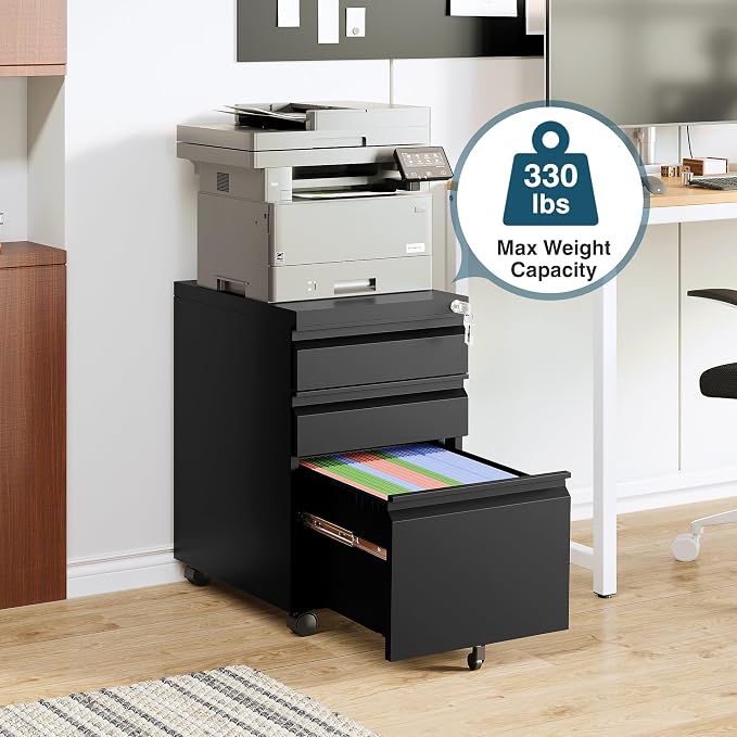 MIIIKO 3 Drawer File Cabinet on Wheels, Home Office Mobile File Cabinet Under Desk, Full Assembled Metal Filing Cabinets with Lock for Legal/Letter/A4 File Folders